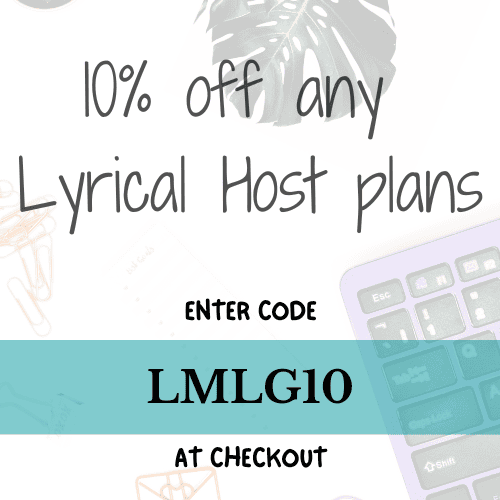 laptop with notebook and pen on white desk and text overlay - 10% off any lyrical host plans - enter code LMLG10 at discount