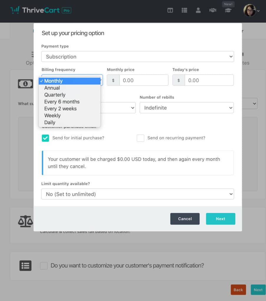 screenshot of ThriveCart subscription feature