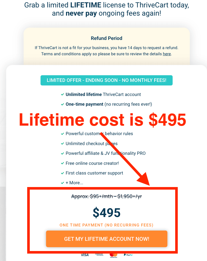 Screen shot of ThriveCart one-time lifetime fee - pricing highlighted