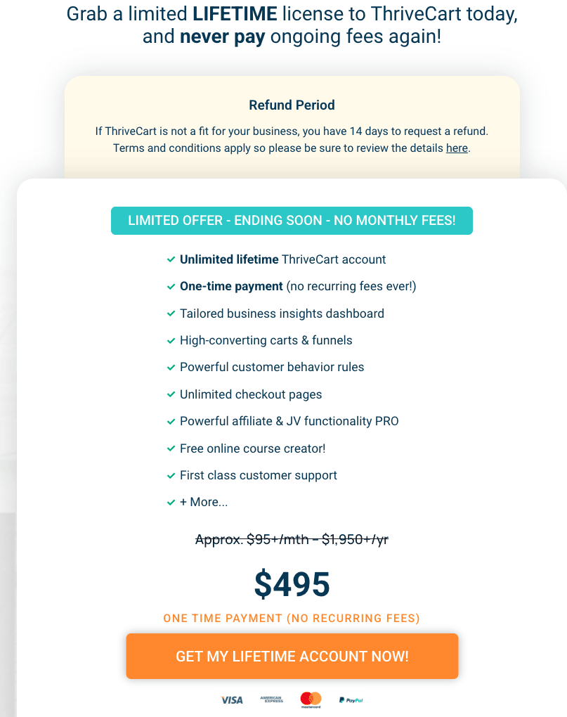 Screen shot of ThriveCart one-time lifetime fee