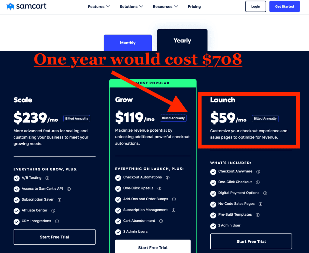 screenshot of SamCart pricing