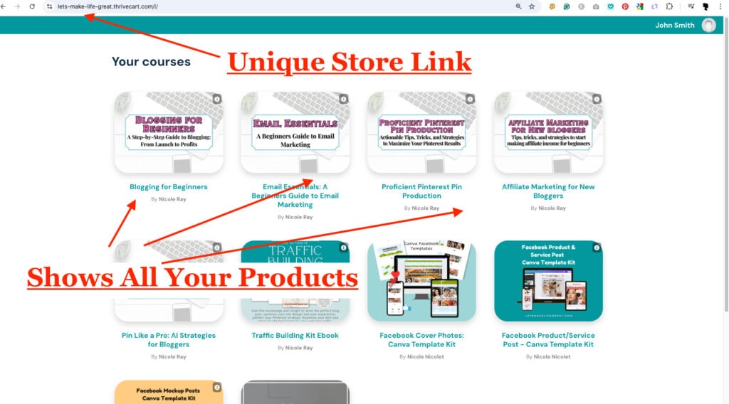 screen shot of ThriveCarts unique course and product page
