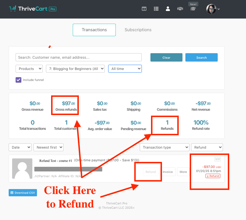 screenshot of ThriveCarts customer refund feature
