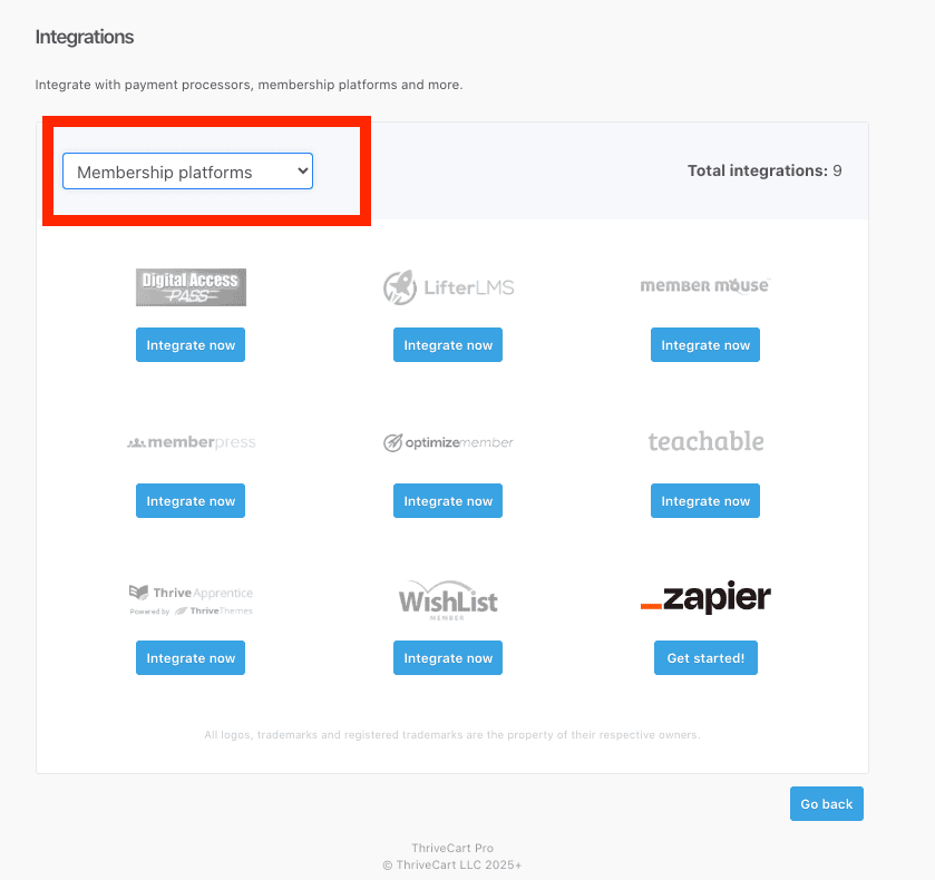 screenshot of ThriveCarts membership platform integrations