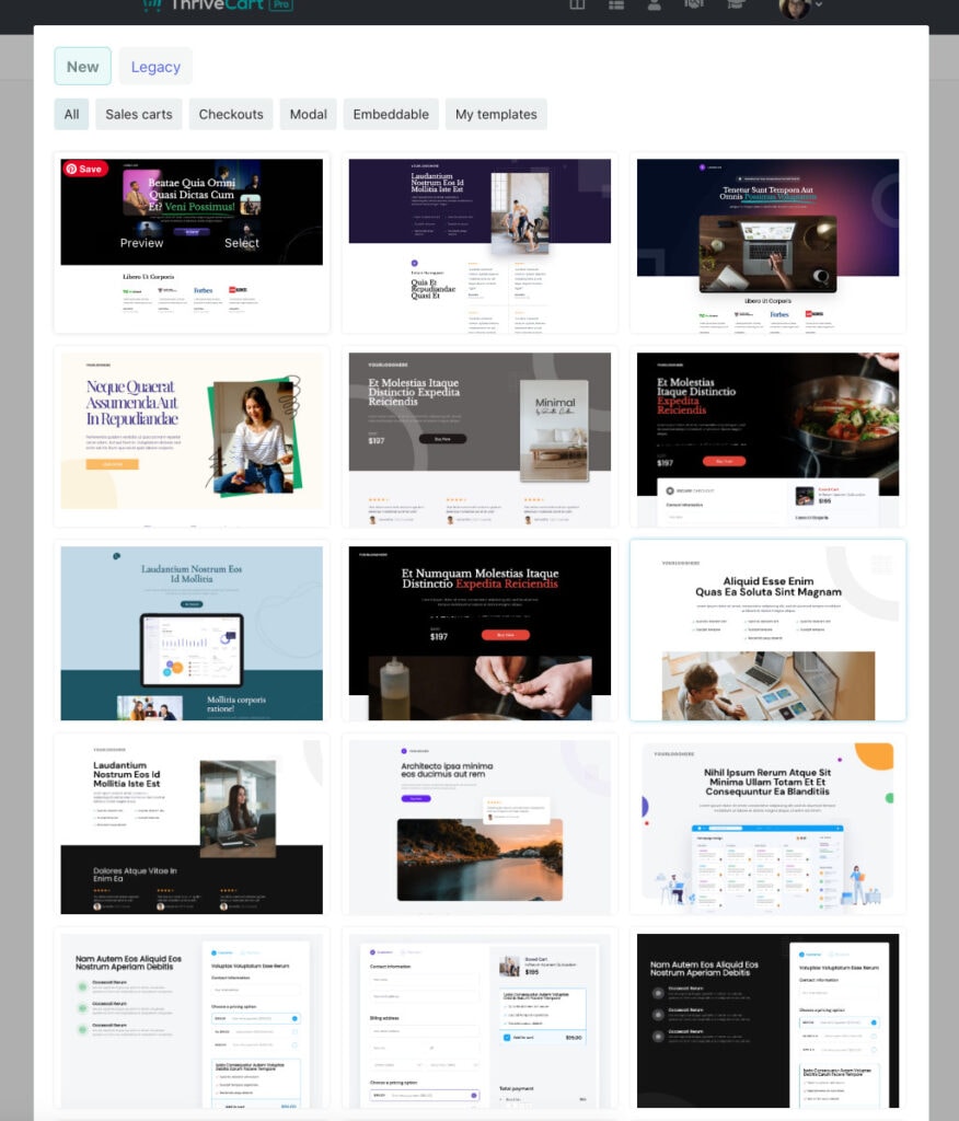screenshot of the sales page builder templates - THrivecart
