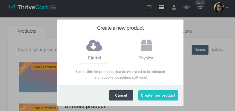 screenshot of Thrivecarts product selection